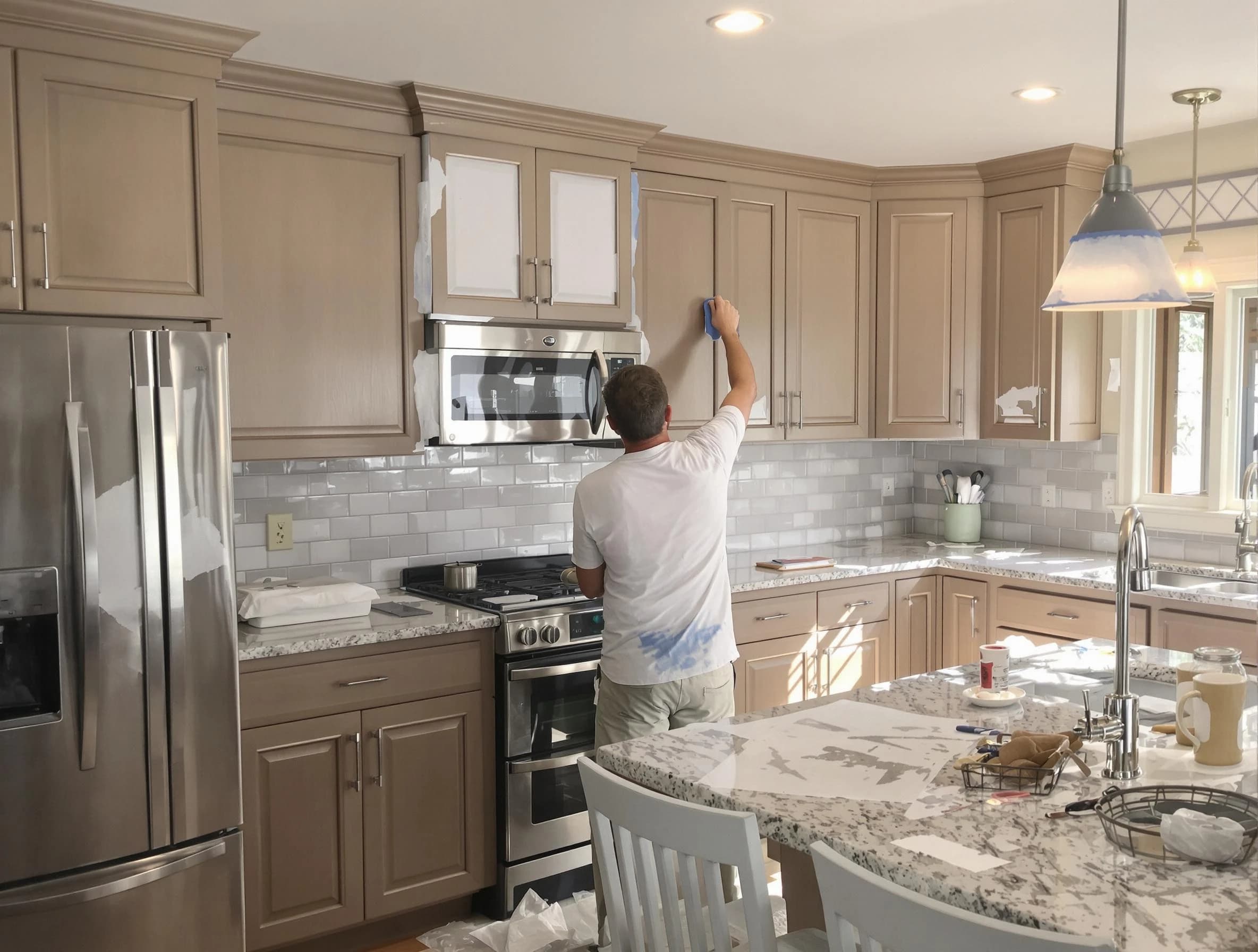 Before-and-after view of kitchen painting by Mayfield Heights House Painters in Mayfield Heights