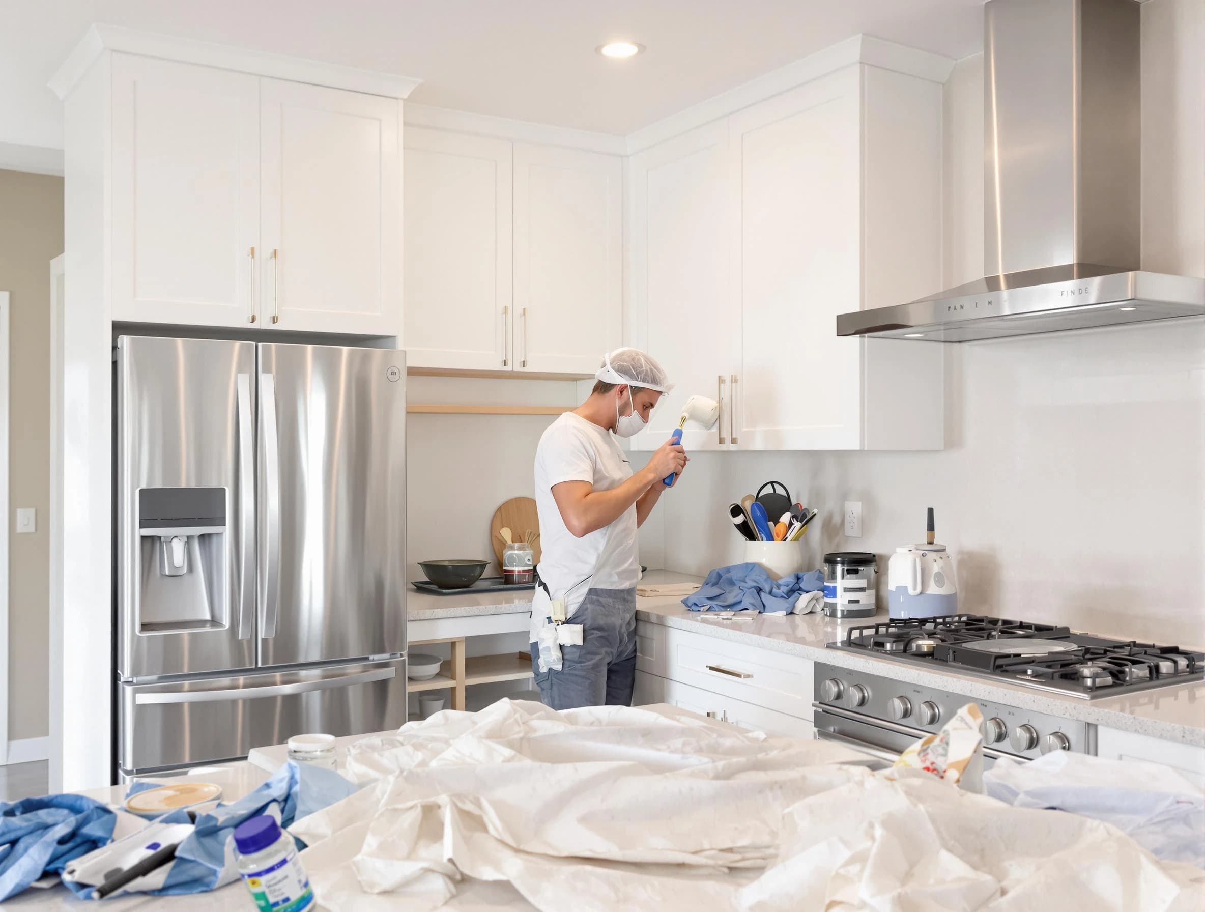 Mayfield Heights House Painters painter applying a fresh coat in a kitchen located in Mayfield Heights, OH